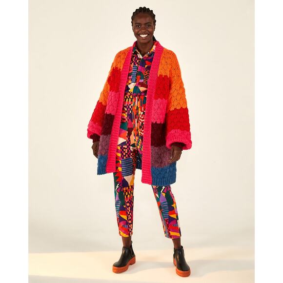 FARM RIO Sweater Cardigan Striped Rainbow Knit Puff Sleeve Open Front - Picture 1 of 7